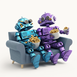 Zwei verschieden farbige Roboter essen Chips auf einer Couch