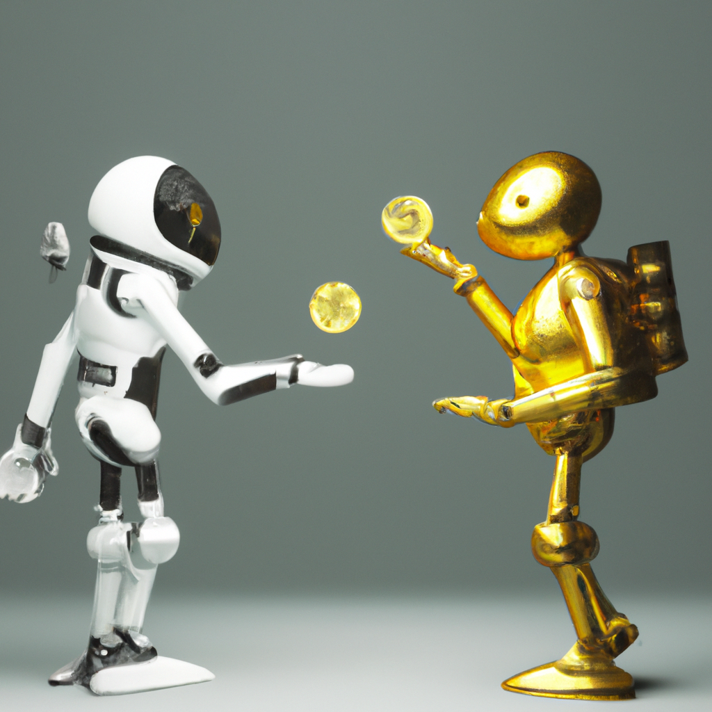 illustration of two different robots made counting golden coins, modern design, for the web, 4k, high resolution, trending in artstation