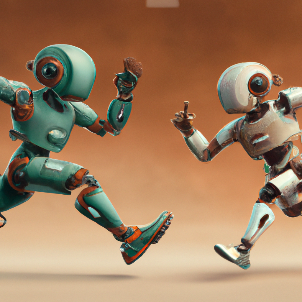 illustration of two different robots running a marathon, modern design, for the web, 4k, high resolution, trending in artstation